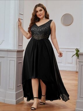 Ever Pretty Black Sequin V-Neck High-Low Evening Gown